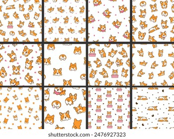 Cute kawaii corgi dog. Seamless pattern. Funny puppy cartoon animal characters. Hand drawn style. Vector drawing. Collection of design ornaments.