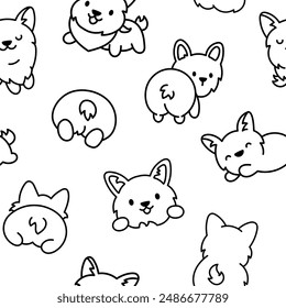 Lindo perro kawaii corgi. Patrón sin costuras. Página para colorear. Personajes animales de dibujos animados de cachorros divertidos. Estilo dibujado a mano. Dibujo de Vector. Diseñar adornos.