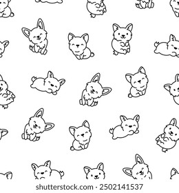 Cute kawaii corgi dog. Seamless pattern. Coloring Page. Funny puppy cartoon animal characters. Hand drawn style. Vector drawing. Design ornaments.