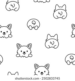 Cute kawaii corgi dog. Seamless pattern. Coloring Page. Funny puppy cartoon animal characters. Hand drawn style. Vector drawing. Design ornaments.