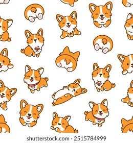 Netter Kawaii Corgi Hund. Nahtloses Muster. Lustige Welpen Cartoon Tierfiguren. Handgezeichneter Stil. Vektorgrafik. Gestalten Sie Ornamente.