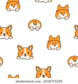 Lindo perro kawaii corgi. Patrón sin fisuras. Divertidos personajes de animales de dibujos animados de cachorros. Estilo dibujado a mano. Dibujo de Vector. Diseña adornos.