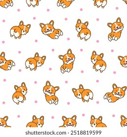 Lindo perro kawaii corgi. Patrón sin fisuras. Divertidos personajes de animales de dibujos animados de cachorros. Estilo dibujado a mano. Dibujo de Vector. Diseña adornos.