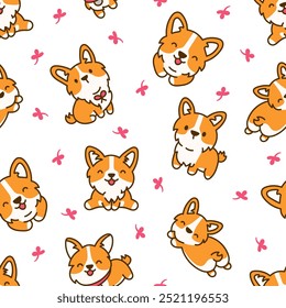 Cute kawaii corgi dog. Seamless pattern. Funny puppy cartoon animal characters. Hand drawn style. Vector drawing. Design ornaments.