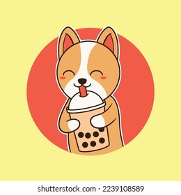 Cute Kawaii Corgi Drink Bubble Tea Vector Illustration
