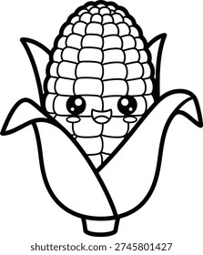 Cute kawaii corn coloring page designed in simple black and white outline style. Ideal for farm-themed worksheets, vegetable coloring books, preschool activities, and educational materials for kids.