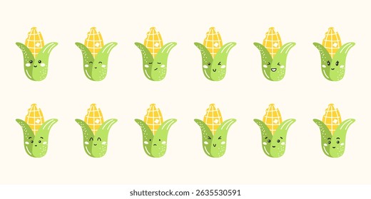 Cute kawaii corn vector stickers with funny faces and emotions: happy, sad, angry, surprised. Flat characters for kids, education, and healthy eating designs