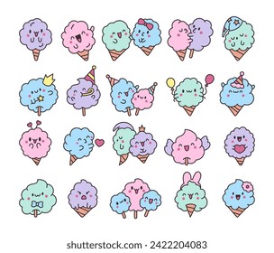 Cute kawaii cotton candy with a smile. Sweet sugar cartoon food character. Hand drawn style. Vector drawing. Collection of design elements.