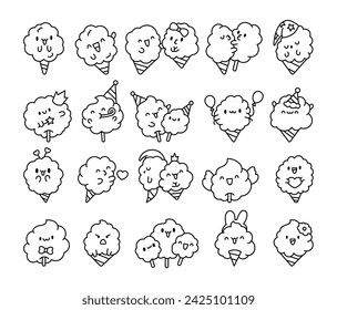 Cute kawaii cotton candy with a smile. Coloring Page. Sweet sugar cartoon food character. Hand drawn style. Vector drawing. Collection of design elements.