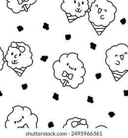 Cute kawaii cotton candy with a smile. Seamless pattern. Coloring Page. Sweet sugar cartoon food character. Hand drawn style. Vector drawing. Design ornaments.