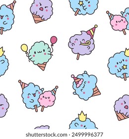 Cute kawaii cotton candy with a smile. Seamless pattern. Sweet sugar cartoon food character. Hand drawn style. Vector drawing. Design ornaments.