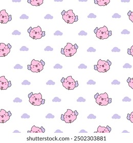 Cute kawaii cotton candy with a smile. Seamless pattern. Sweet sugar cartoon food character. Hand drawn style. Vector drawing. Design ornaments.