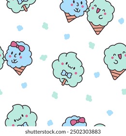 Cute kawaii cotton candy with a smile. Seamless pattern. Sweet sugar cartoon food character. Hand drawn style. Vector drawing. Design ornaments.