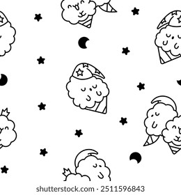 Cute kawaii cotton candy with a smile. Seamless pattern. Coloring Page. Sweet sugar cartoon food character. Hand drawn style. Vector drawing. Design ornaments.