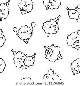 Cute kawaii cotton candy with a smile. Seamless pattern. Coloring Page. Sweet sugar cartoon food character. Hand drawn style. Vector drawing. Design ornaments.