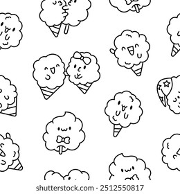 Cute kawaii cotton candy with a smile. Seamless pattern. Coloring Page. Sweet sugar cartoon food character. Hand drawn style. Vector drawing. Design ornaments.