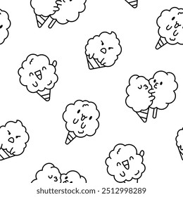 Cute kawaii cotton candy with a smile. Seamless pattern. Coloring Page. Sweet sugar cartoon food character. Hand drawn style. Vector drawing. Design ornaments.