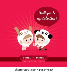 Cute kawaii couple character in rabbit and panda costume with Valentine's concept illustration