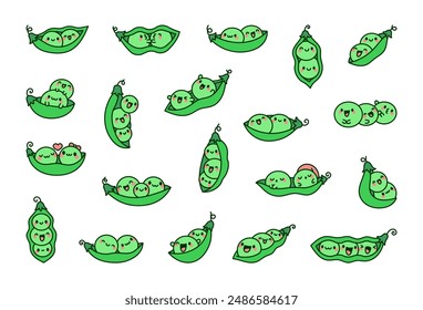 Cute kawaii couples of peas in a pod. Funny cartoon vegetables characters. Hand drawn style. Vector drawing. Collection of design elements.