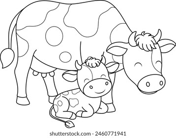 Cute kawaii cow and baby cartoon character coloring page vector illustration. Farm animal, mothers day colouring page for kids