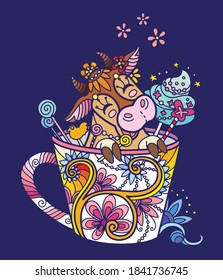 Cute vaca kawaii en una taza. Ilustración antiestrés para adultos con animales en forma de maraña aislados en fondo azul. Ilustración vectorial colorida para impresión, diseño, impresión de camisetas, tatuaje, logotipo. Zendoodle.