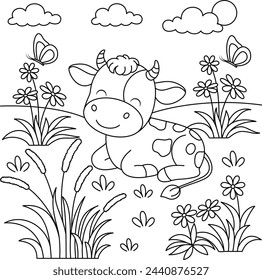 Cute Kawaii Cow on the Meadow Background Cartoon Character Coloring Page Vector Illustration