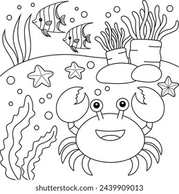 Cute Kawaii Crab Cartoon Character Coloring Page Vector Illustration 