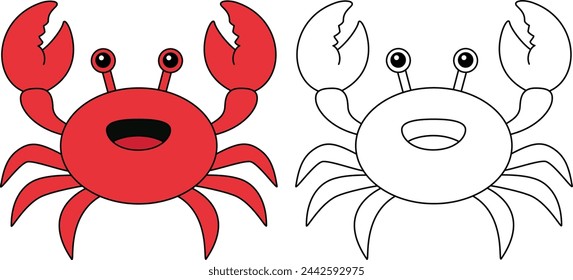 Cute kawaii crab cartoon character coloring page isolated on white background vector illustration