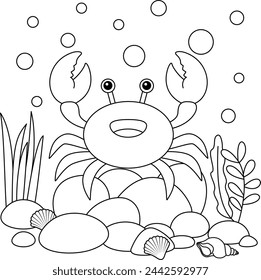 Cute kawaii crab cartoon character underwater background coloring page vector illustration