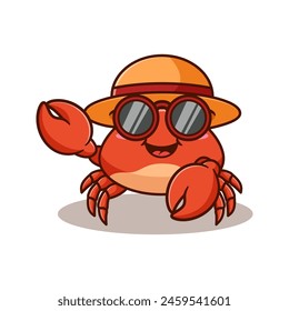 Cute and kawaii crab cartoon illustration design with glasses and hat