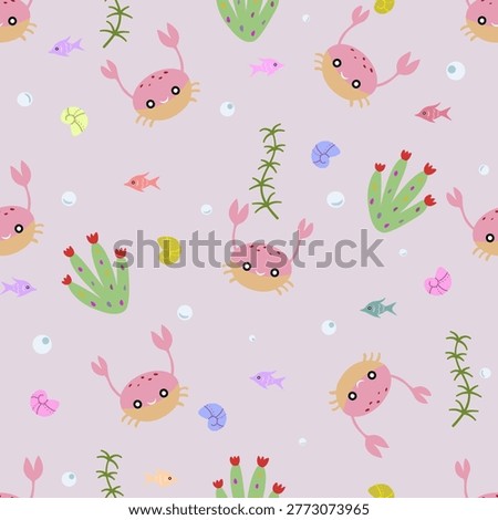 Cute Kawaii Crab Seamless Pattern Underwater Vector-Seamless pattern with cute pink crabs, fish, sea plants and bubbles on pastel background, perfect for kids fabric, nursery and ocean themes.