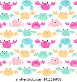 Cute Kawaii Crabs Background. Seamless Vector Pattern With Crab.