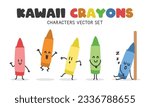 Cute kawaii crayons characters clipart vector set. Colorful crayon colors mascot characters different emotions flat vector illustration cartoon style. Students, school supplies, back to school concept