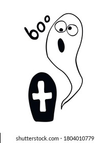 Un fantasma espeluznante kawaii. Ilustración del contorno vectorial en estilo doodle. Para el diseño de Halloween, postal, pegatina, invitación, cartel de fiesta, anuncio, página de color