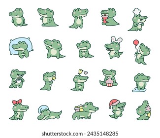 Cute kawaii crocodile. Cartoon adorable animal characters. Hand drawn style. Vector drawing. Collection of design elements.