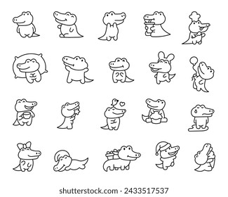 Cute kawaii crocodile. Coloring Page. Cartoon adorable animal characters. Hand drawn style. Vector drawing. Collection of design elements.