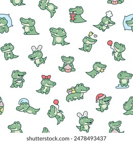 Cute kawaii crocodile. Seamless pattern. Cartoon adorable animal characters. Hand drawn style. Vector drawing. Design ornaments.