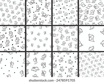 Cute kawaii crocodile. Seamless pattern. Coloring Page. Cartoon adorable animal characters. Hand drawn style. Vector drawing. Collection of design ornaments.