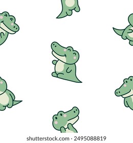 Cute kawaii crocodile. Seamless pattern. Cartoon adorable animal characters. Hand drawn style. Vector drawing. Design ornaments.