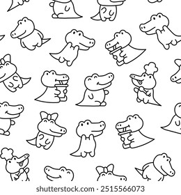 Crocodilo kawaii bonito. Padrão contínuo. Página de cores. Personagens de animais adoráveis. Estilo desenhado à mão. Desenho vetorial. Desenhar ornamentos.