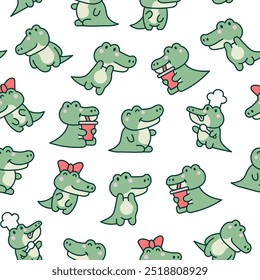 Cute kawaii crocodile. Seamless pattern. Cartoon adorable animal characters. Hand drawn style. Vector drawing. Design ornaments.