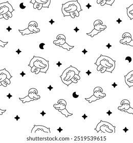 Cute kawaii crocodile. Seamless pattern. Coloring Page. Cartoon adorable animal characters. Hand drawn style. Vector drawing. Design ornaments.