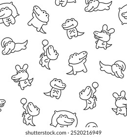 Cute kawaii crocodile. Seamless pattern. Coloring Page. Cartoon adorable animal characters. Hand drawn style. Vector drawing. Design ornaments.