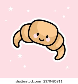 Cute Kawaii Croissant is isolated on a pink background. Vector - Illustration.