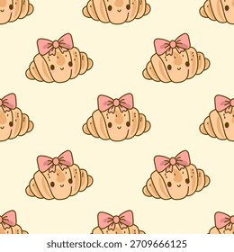 Cute kawaii croissant seamless pattern with pink bow, vector repeating background for bakery and textile design