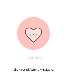 Cute Kawaii crying Heart. St Valentine's day theme. Love, romantic concept. Japanese cartoon manga style. Funny anime character with face. Trendy Vector illustration. Greeting Card with text