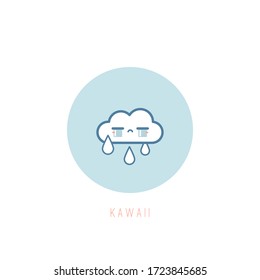 Cute kawaii crying sad raining Cloud. Outline round weather Icon. Japanese cartoon manga style. Funny anime character. Trendy vector illustration. Pre-made card or print. Isolated on white