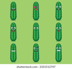 Cute and kawaii cucumber emoticon expression illustration set