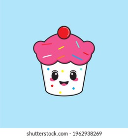 cute kawaii cupcake, cartoon, mascot, character vector illustration