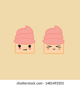 Cute Kawaii cupcake character. Set of a cupcake's different adorable faces expressions. Vector background set. Pastel colors of japanese modern art wallpaper.